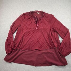 Juicy Couture Burgundy Polka Dot Ruffle Neck Tie Blouse Size L